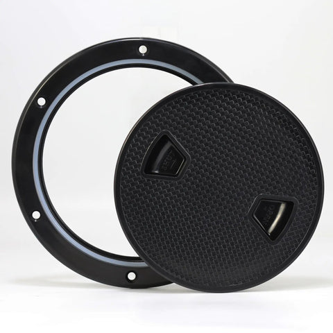 Rock Solid Two Pack Black 4 Inch Round Non Slip Marine Deck Hatch With Detachable Cover And Top Shelf Rubber Seal For Yachts Boats Kayaks And Rv Uv Resistant Abs, showing black plastic covers with textured surface.