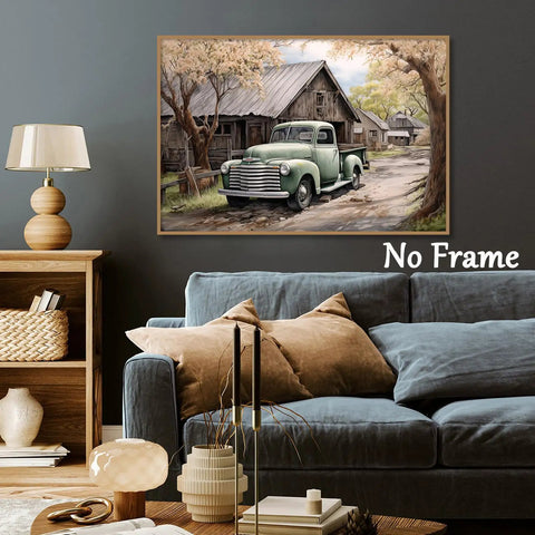 Vintage Green Pickup Truck Canvas Wall Art 16x24 Inch Unframed Rustic Farmhouse Barn Country Landscape Print For Living Room Bedroom Decor
