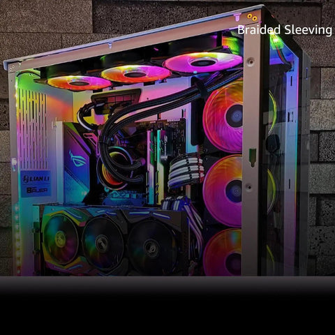 Custom PC with 2 Inch PET Expandable Braid Sleeving For Cables And Wires, colorful LED fans, showcasing cable management.