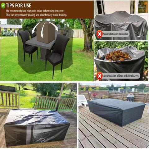 Waterproof Patio Furniture Cover 122 Inches Long 44 Inches Wide 29 Inches High 600D Weatherproof Rectangular Table And Sofa Cover Built To Last For Deck Lawn And Backyard Fits Most 8 To 12 Seat Sets shown in garden and patio settings