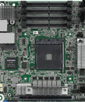 Compact Mini ITX Server Motherboard Supports X570 Chipset And Ryzen 5000 Processors With Rugged DDR4 ECC Memory Slots, top view of motherboard layout.