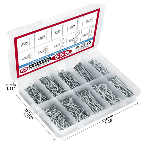 Assorted Cotter Pins Kit Zinc Plated Steel Pins Hair Pins Hitch Pins Clips Fasteners 558 pcs organized in a plastic case