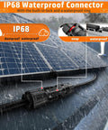 IP68 waterproof connector from All-In-One Solar Crimp Tool Kit With AWG 16-10 Crimper showing dustproof and snap features on solar panel.