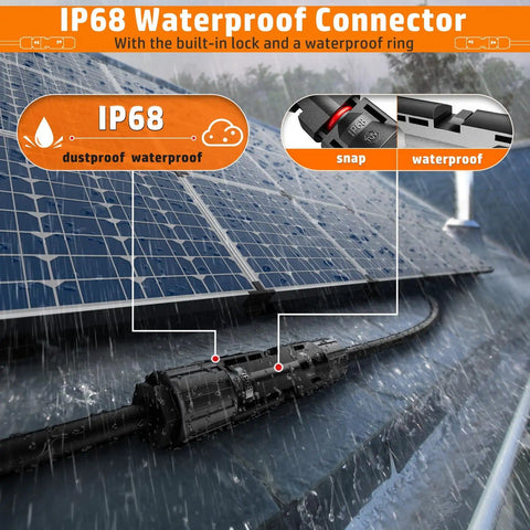IP68 waterproof connector from All-In-One Solar Crimp Tool Kit With AWG 16-10 Crimper showing dustproof and snap features on solar panel.