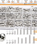 Pro Grade Stainless Steel Machine Screws Nuts And Bolts Kit 408 Piece Set visible with various sizes arranged in a divided box.