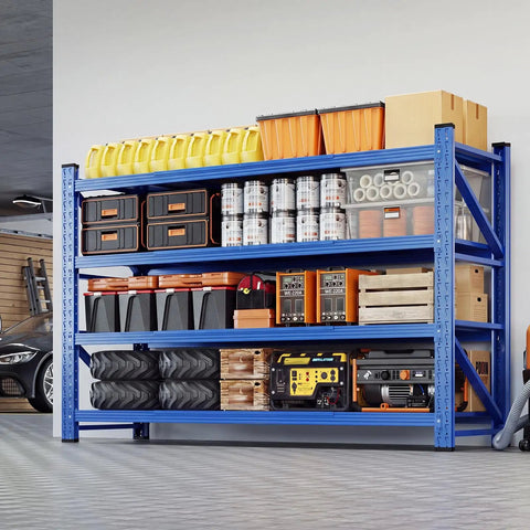 Tough As Nails Four Tier Garage Shelving Unit Built Tough To Handle Up To Five Thousand Pounds Flexibly Adjustable Heavy Duty Storage Rack filled with various tools and containers.