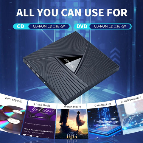 External CD DVD Drive For Laptop And PC USB C Portable Disk Burner Reader Writer CD RW DVD RW Lightning Fast 8X DVD And 24X CD