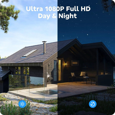 Split view of house showing day and night with Wireless Home Security Camera System With 8 PTZ Outdoor Cameras And 16CH NVR.