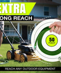 Person using 75 Foot Outdoor Indoor Extension Cord With Three Outlet 12 3 Gauge Heavy Duty ETL Listed Waterproof on lawn