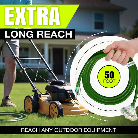 Person using 75 Foot Outdoor Indoor Extension Cord With Three Outlet 12 3 Gauge Heavy Duty ETL Listed Waterproof on lawn