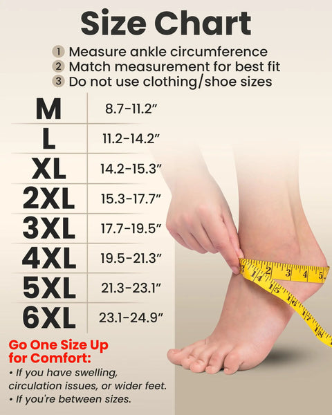 Foot measured with tape beside size chart for Open Toe Ankle Compression Sleeve For Everyday Relief 20 To 30mmHg 1 Pair Arch Support