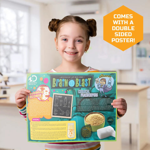 Smiling child holding a Brain Blast educational poster in a classroom.