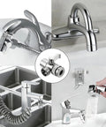 Collage of 3 Way Faucet Diverter Valve With Aerator and Adapters installed on various sinks and showers, showing water flow versatility.