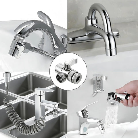 Collage of 3 Way Faucet Diverter Valve With Aerator and Adapters installed on various sinks and showers, showing water flow versatility.