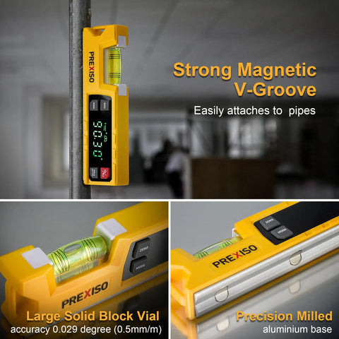 Badass Accuracy Magnetic Digital Level And Protractor Angle Finder With Absolute Relative Measurements For Tough Job Sites and Weekend Warriors delivering clear readings on metal pipes.