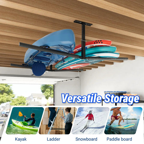 2 Pack Double Arm Overhead Ladder Rack for Garage Ceiling Storage holding kayaks and surfboards, heavy duty steel organizer