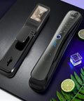 Hella Easy Keyless Entry Setup Featuring Video Doorbell Camera Smart Deadbolt with palm vein scanner and app control shown on black surface.