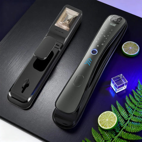 Hella Easy Keyless Entry Setup Featuring Video Doorbell Camera Smart Deadbolt with palm vein scanner and app control shown on black surface.