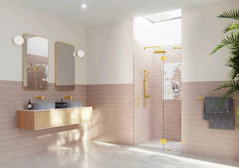 Frameless Shower Door Hinge With Enduroshield Glass Coating In Polished Brass, 78 By 43.25 Inches, Heavy-Duty Pivot Hardware For Glass Enclosures, Smooth Operation, Rust-Resistant Finish in gold glass shower