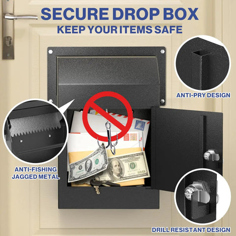 Through The Door Locking Mail Drop Box For Mail And Keys Heavy Duty Steel Lockbox With rear access, anti-fishing design, black