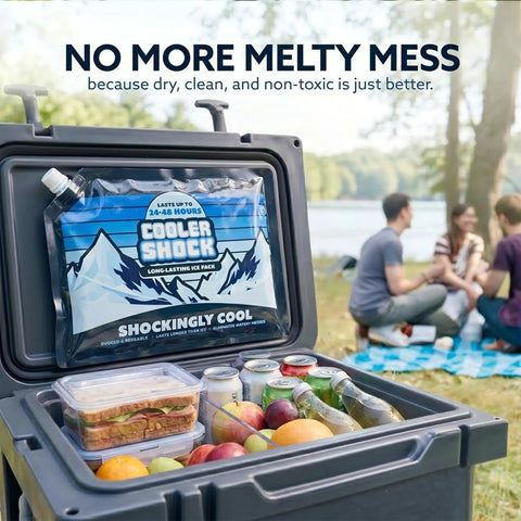 Giant Reusable Ice Packs For Large Coolers, 14X10 Inch Leakproof Freezer Blocks in a cooler with food and drinks.