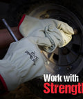 Badass 12 Pair Leather Work Gloves Built Like A Tank Deliver Heavy Duty Non Slip Grip For Grinding Construction Jobs Rugged Yard Labor And Warehouse Shifts Large Fit, hands tightening a nut on a tire.
