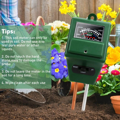3 In 1 Soil Moisture PH And Light Meter For Indoor And Outdoor Plants Garden Lawn Farm Use Must Have Hygrometer Sensor For Plant Health Watering Schedule And Precise Soil Testing. Green plastic soil meter in garden soil