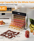 Top Shelf Eight Tray Stainless Steel Food Dehydrator With Kickin 500 Watt Electric Dryer and No Sweat Temp Dialing, showcasing 8 stainless trays and jerky.