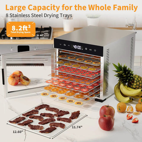Top Shelf Eight Tray Stainless Steel Food Dehydrator With Kickin 500 Watt Electric Dryer and No Sweat Temp Dialing, showcasing 8 stainless trays and jerky.