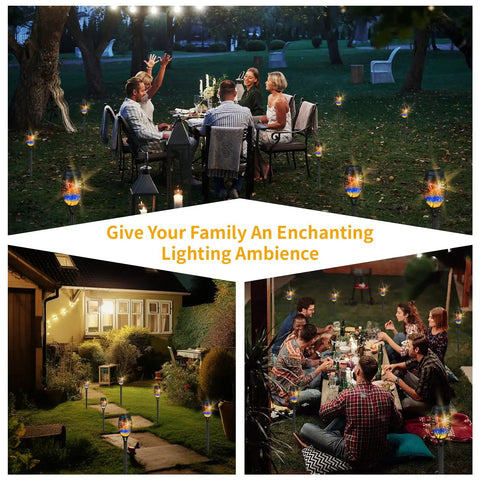 Six Pack Solar Torch Lights With Colorful Flickering Flames, Waterproof Tiki Torches for outdoor pathways, gardens, and patios