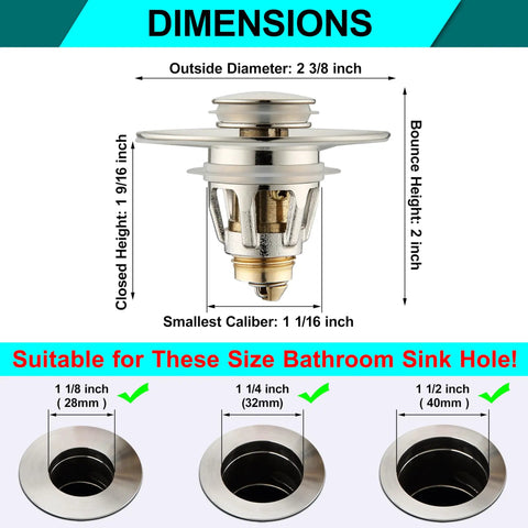 Dimensions of Brushed Nickel Pop Up Sink Stopper With Anti Clogging Strainer For 1.1 To 1.5 Inch Bathroom Drains, Bullet Core Push Type