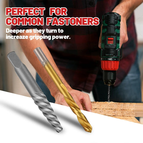 Man using drill with 18 Piece Screw Extractor Set and Left Hand Drill Bits for removing stripped screws and damaged bolts.