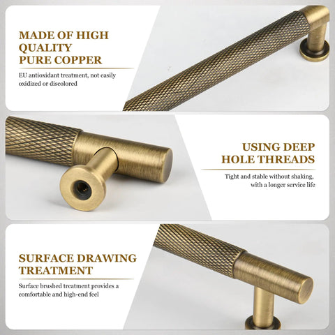 Vintage Brass 5 Inch Knurled Cabinet Pulls Set Of 5 For Kitchen Cabinets, Dressers, Vanities, Wardrobes, And Closets Durable Solid Brass Drawer Handles With Antique Style Finish And Easy Grasp close-up showing knurled texture and screw threading detail.