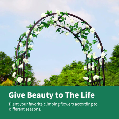 Sturdy Black Wrought Iron Pergola Arbor Garden Arch With Ground Spikes 100 Inches High And 45 Inches Wide Outdoor Climbing Plants Trellis For Weddings Parties And Patio Decor with white flowers climbing.