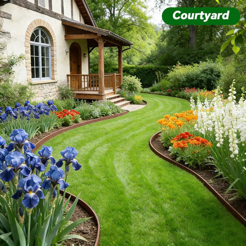 Lawn Edging Kit 100 Foot With 90 Spikes 2 Inch Tall Landscape Border Roll Brown outlining garden paths and flower beds