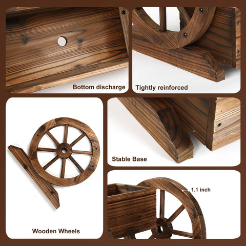 Detail views of Wooden Wagon Planter Box With Wheels For Indoor And Outdoor Patio Garden Decor Ideal For Flowers Herbs Vegetables And Succulents