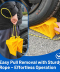 Heavy Duty Wheel Chocks For Rvs And Trailers, Non Slip Tire Stoppers With Durable Rope, Grooved Parking Blocks shown during easy pull removal.
