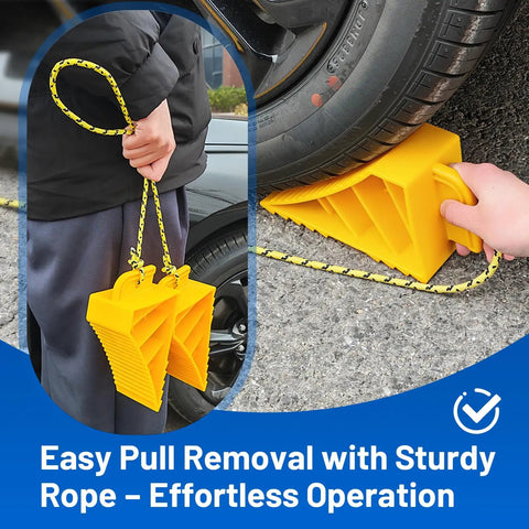 Heavy Duty Wheel Chocks For Rvs And Trailers, Non Slip Tire Stoppers With Durable Rope, Grooved Parking Blocks shown during easy pull removal.