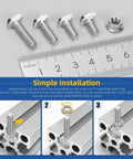 Kickass M5 T Slot Drop In Bolts With Hexagon Flange Nuts 80 Pc Kit showing bolts and nuts installation process with ruler.