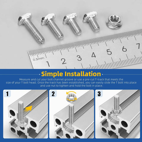 Kickass M5 T Slot Drop In Bolts With Hexagon Flange Nuts 80 Pc Kit showing bolts and nuts installation process with ruler.