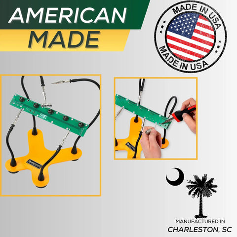 Four Gooseneck Soldering Helper with Sturdy Base and Rotating Stainless Alligator Clamps in use, American made