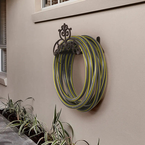 Brown Heavy Duty Cast Iron Outdoor Garden Hose Hanger With Wall Mount Water Hose Holder Reel Vintage Scrollwork Design