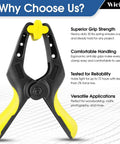 Front view of a yellow-handled black plastic 6-inch spring clamp; pack of four with 3-inch jaw opening