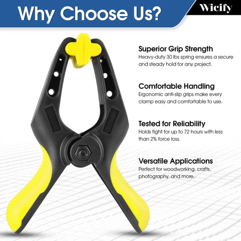 Front view of a yellow-handled black plastic 6-inch spring clamp; pack of four with 3-inch jaw opening