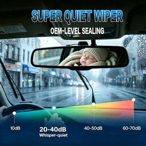 Inside view of car with rainy windshield showing Straight Up Tough 26 And 16 Inch Windshield Wiper Blades with Heavy Metal Frame