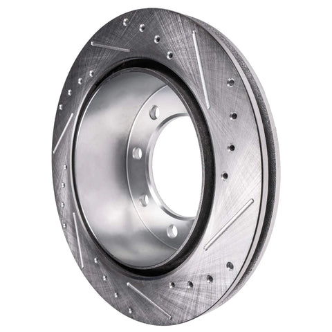 Close-up of rear brake disc from Rear Brake Kit With 12.99 Inch Drilled Rotors And Ceramic Pads For Chevy Silverado Sierra 2500 HD 3500 HD