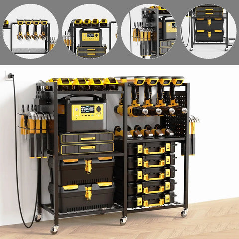 Heavy Duty 6 Tier Power Tool Organizer Cart With Built In Charging Station, Rolling Garage Tool Cart With 6 Wheels, 8 Hooks, Adjustable Shelves, Holds 700 Lbs Capacity.