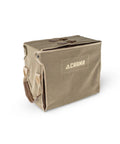 Sundowner Portable Travel Bar Kit With Handcrafted Wooden Case And Tools, rugged canvas carry bag, side view, beige color.