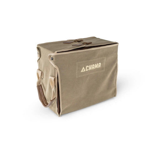 Sundowner Portable Travel Bar Kit With Handcrafted Wooden Case And Tools, rugged canvas carry bag, side view, beige color.