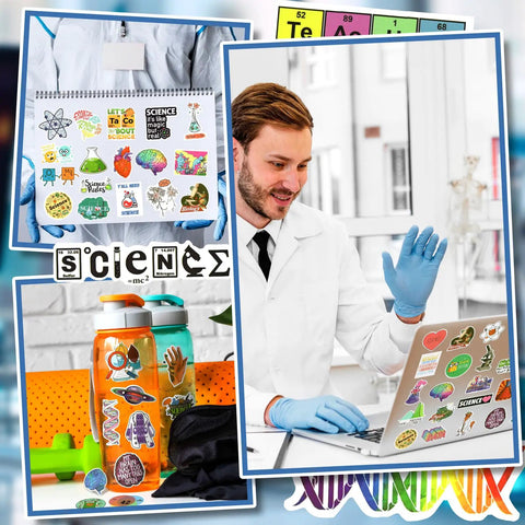 Scientist using laptop with 100 Piece Science Stickers for Water Bottles Featuring Physics Biology Chemistry Math Themes in lab setting.